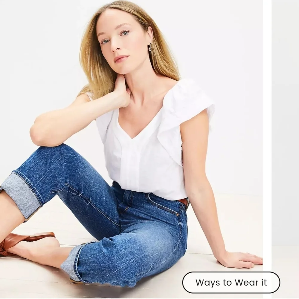 LOFT The Straight Cuffed Medium Blue Women's Jeans High Waist Summer Preppy - Picture 12 of 16